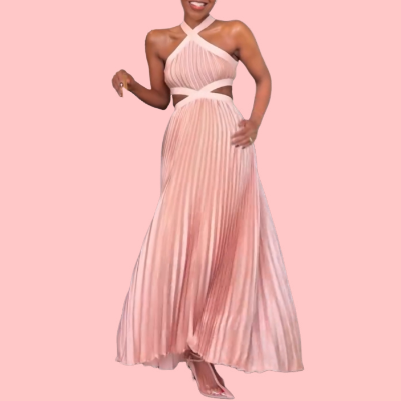 Pink Hollow Pleated Maxi Dress