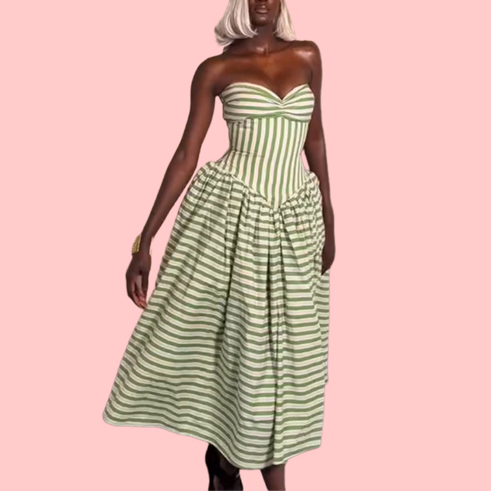 Green Striped Wrap-Front Midi Dress