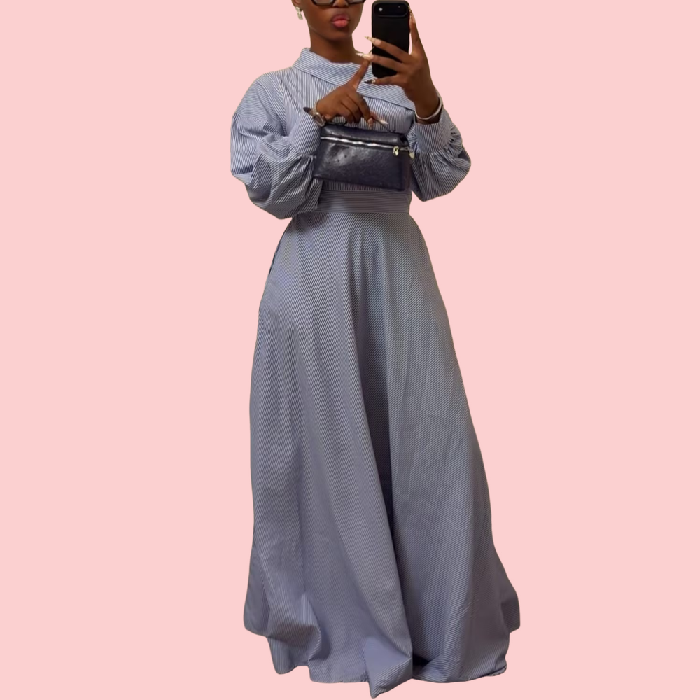 Blue Striped One-Shoulder Maxi Dress