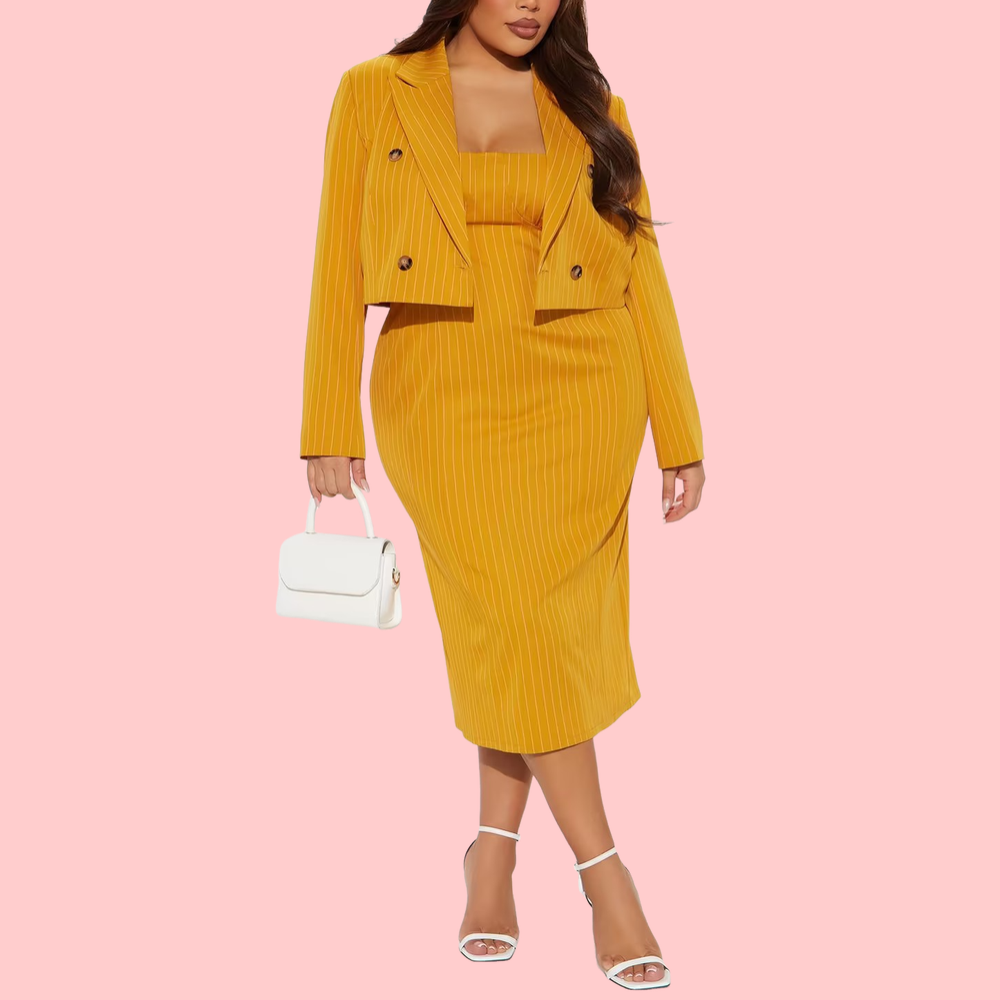 Yellow Cropped Blazer + Long Strapless Dress