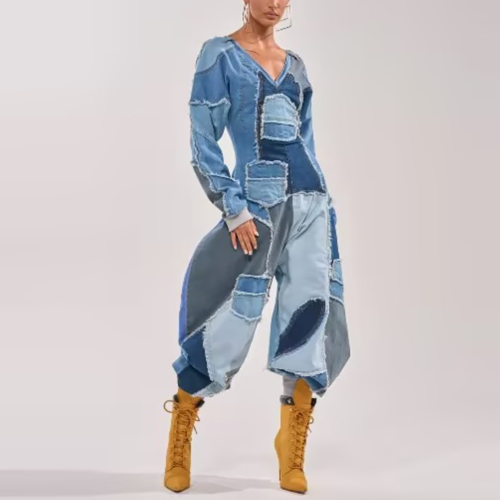 COMFY COZY JUMPSUIT IN DENIM PATCHWORK