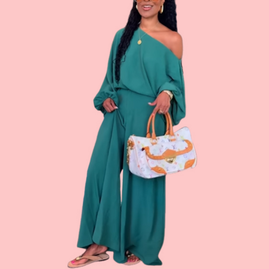 Green Strapless Long Sleeve Top & Pants Set