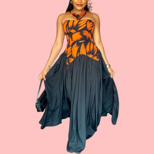 Floral Print Halter Patchwork Maxi Dress