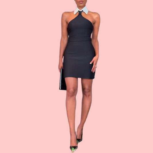 Black Halter Neck Blouse Collar Mini Dress