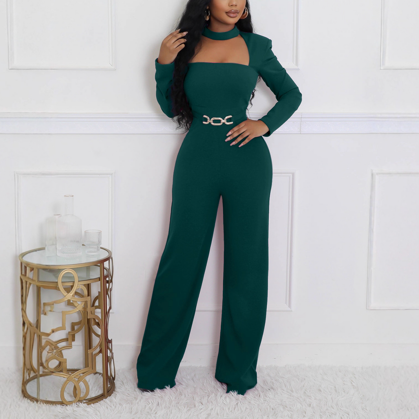 Solid-Color Wrap-Neck Wide-Leg Jumpsuit