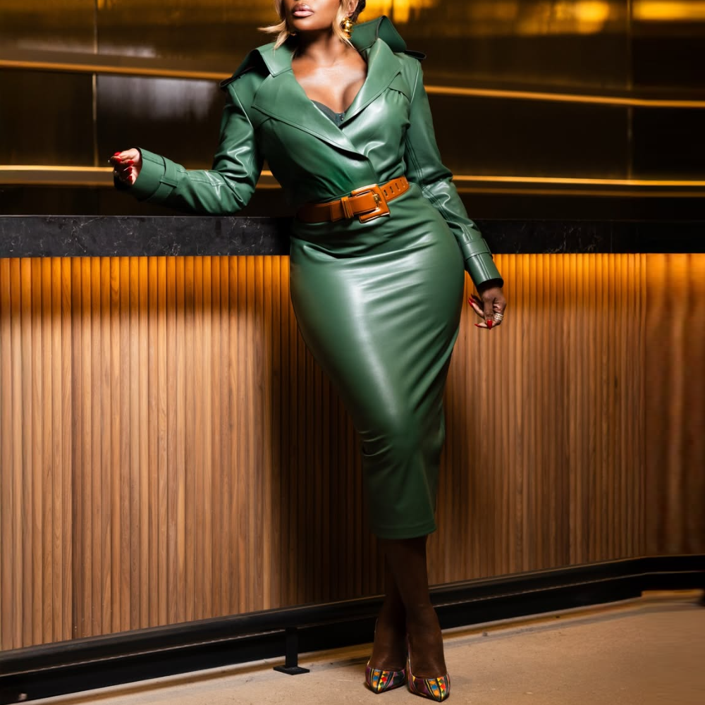 Green Leather V-Neck Maxi Dress