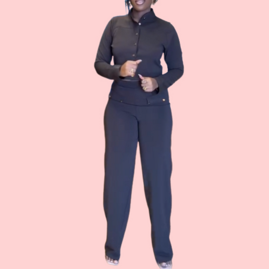 Solid Color Button Down Long Sleeve Shirt & Pants Set