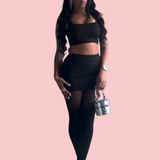 Black Knit Square Neck Top & Skirt Set
