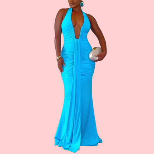 Solid Color V-Neck Ribbon Maxi Dress
