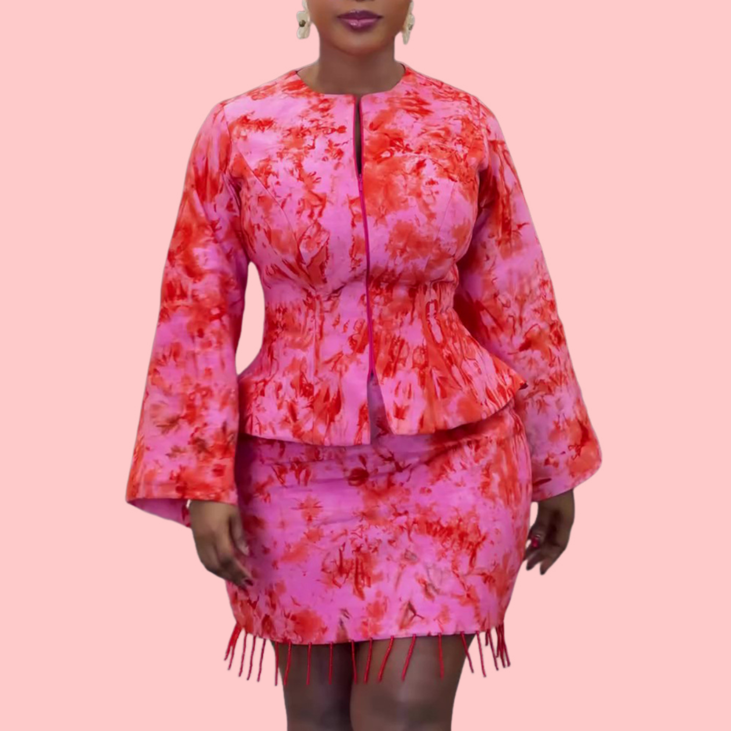 Pink Floral Fringe Skirt Set