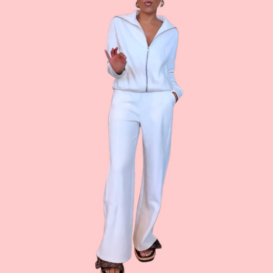 White Zipper Casual Two-Piece Set