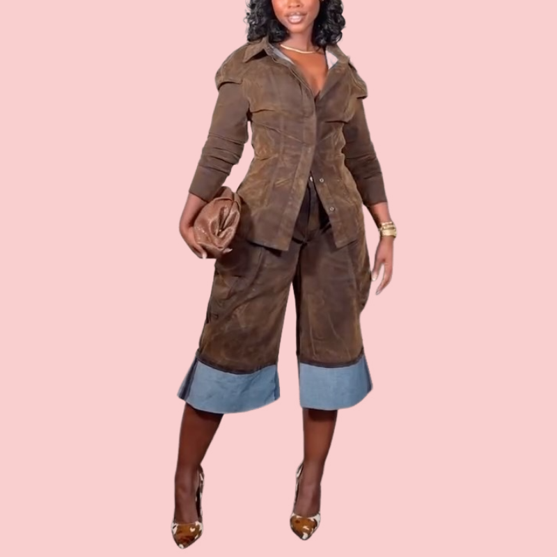 Brown Suede Patchwork Jacket Two-Piece Set