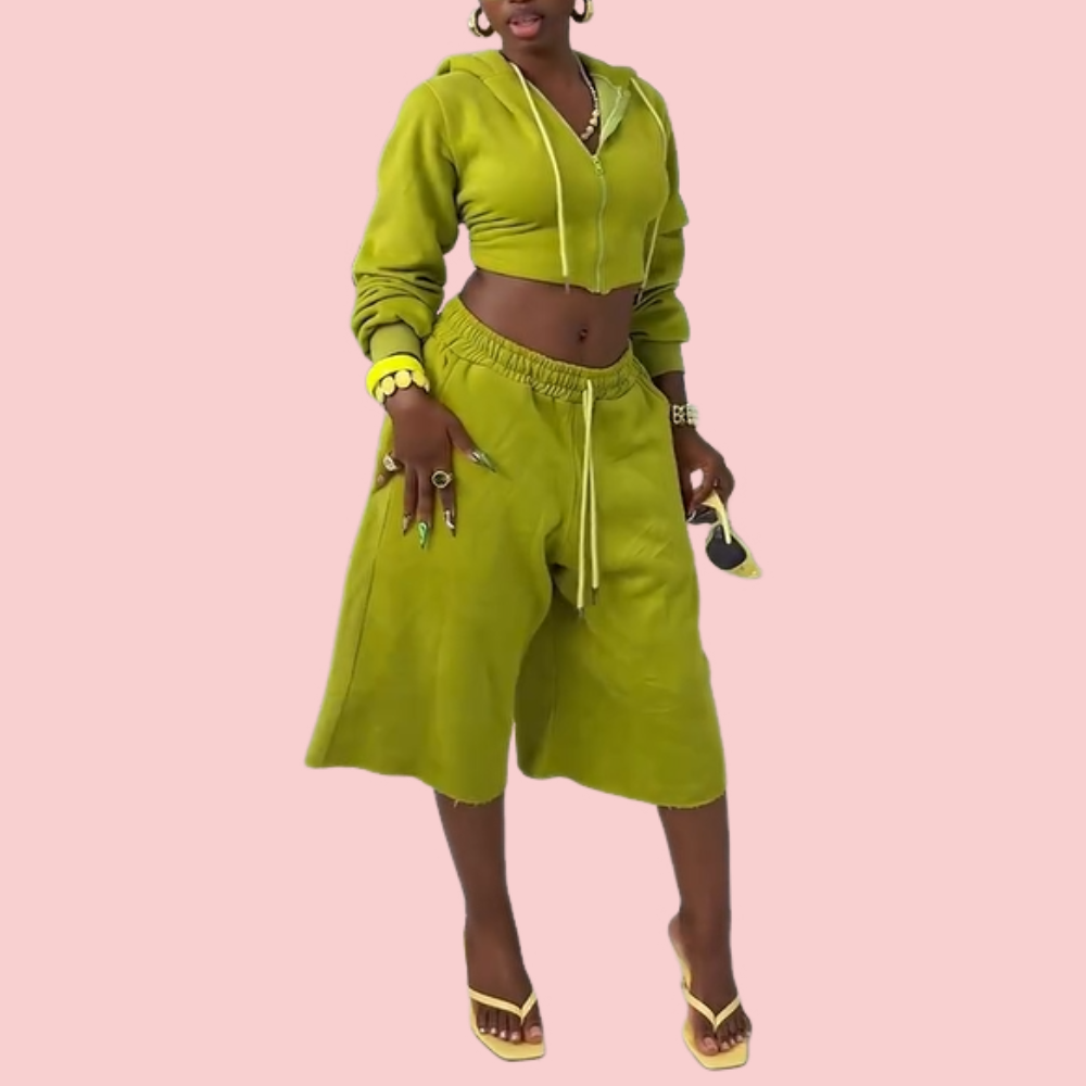 Avocado Green Zipper Hoodie Two-Piece Set