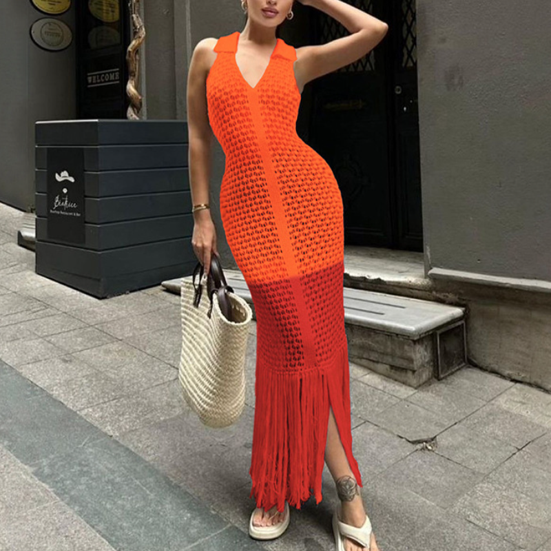 Sleeveless V- Neck Cutout Fringe Maxi Dress