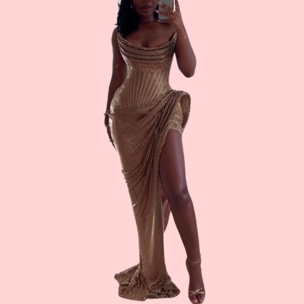 Golden Braided Strapless Maxi Dress