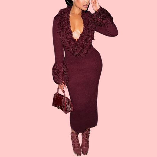 Red V-Neck Knit Maxi Dress