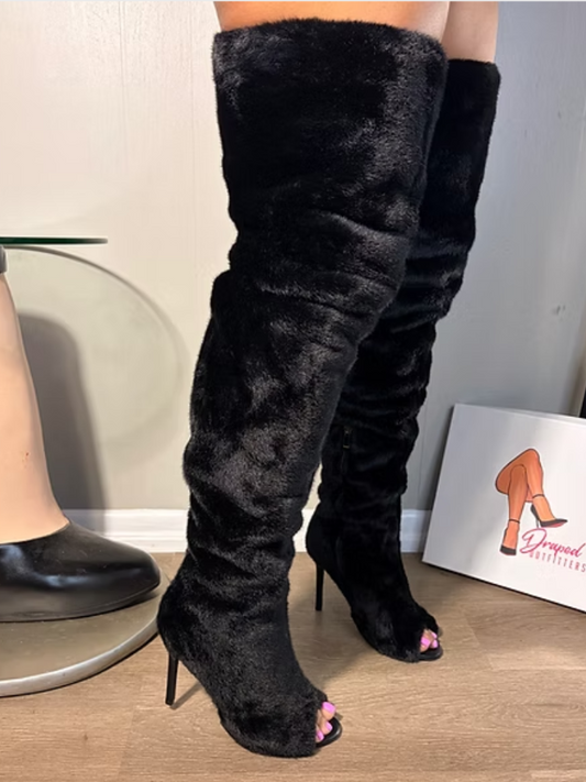 Fur-lined Open-Toe High-Heel Boots