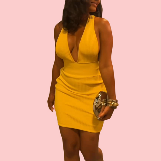 Yellow V-Neck Knit Mini Dress