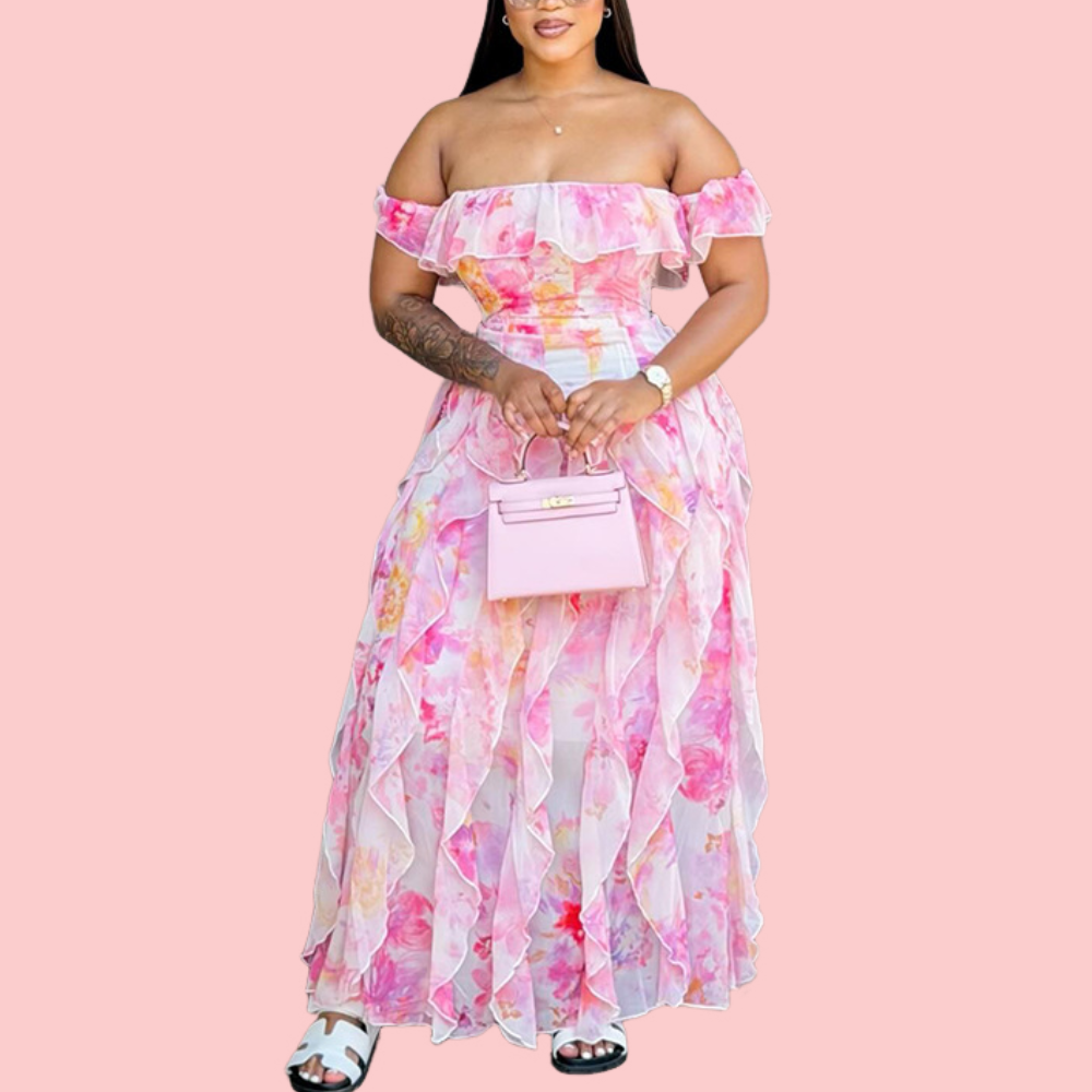 Pink Off-the-Shoulder Ruffled Floral Maxi Dress