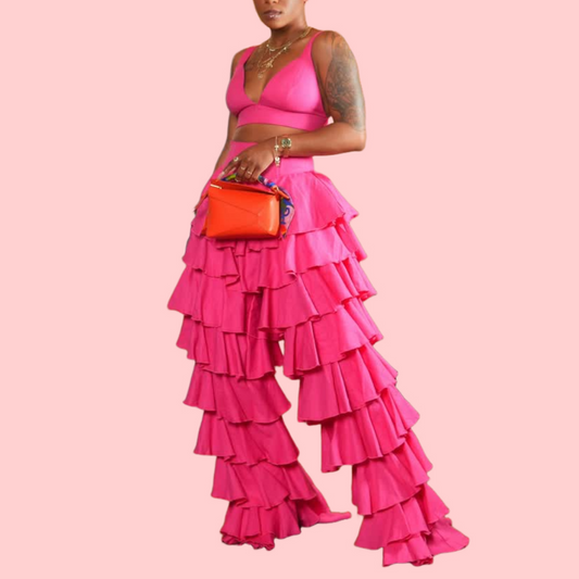 Pink Crop Top & Ruffled Pants Set