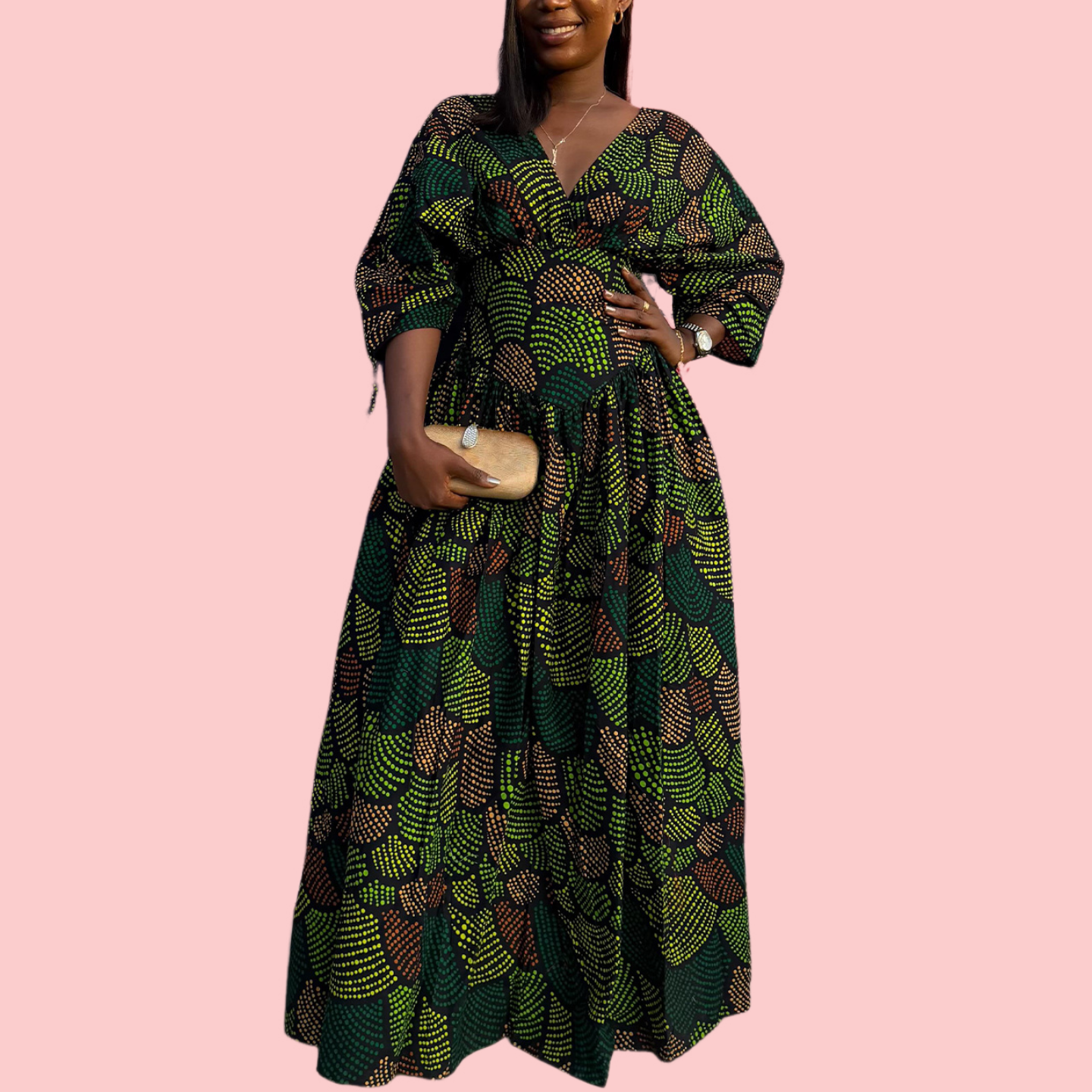 Green Printed V-Neck Puff Sleeve Dress