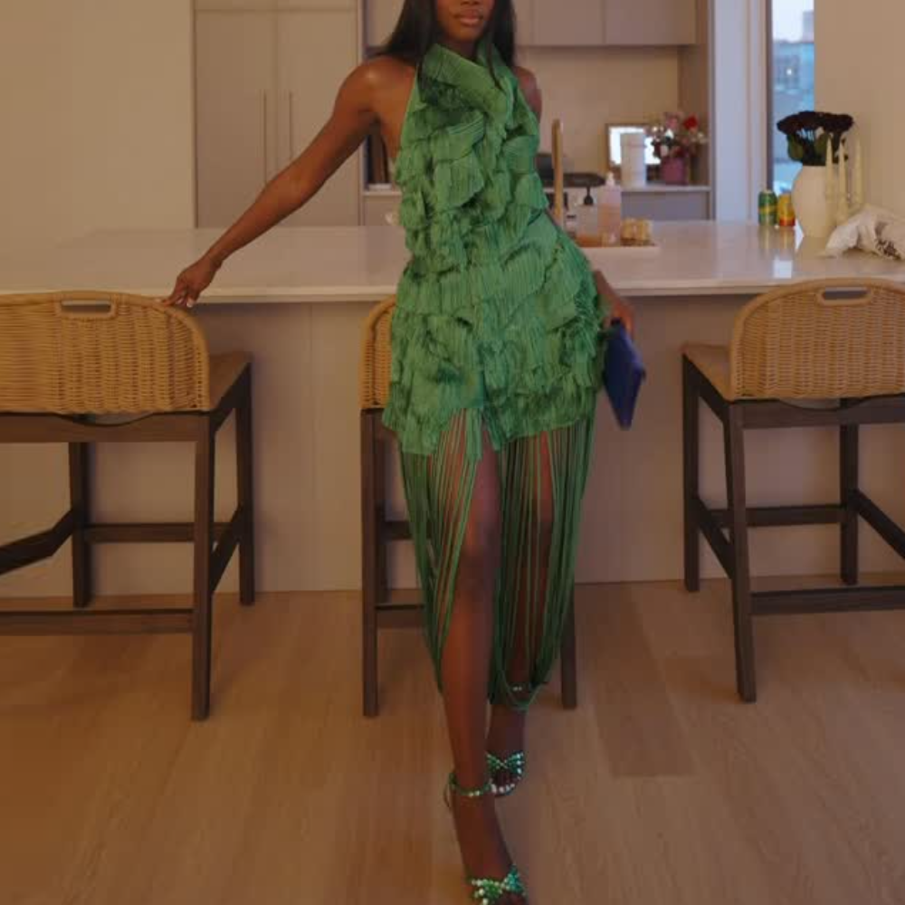 Green Knit Fringe Backless Dress