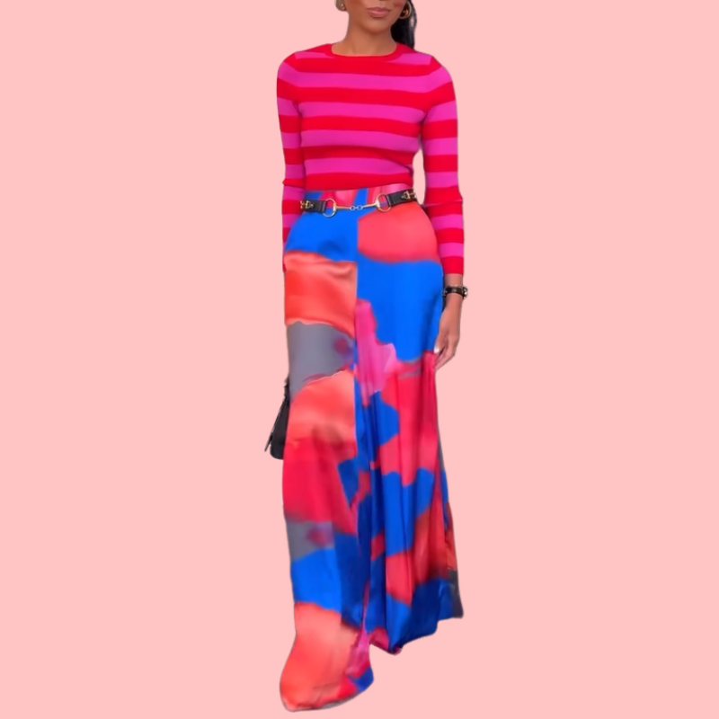 Colorful Tie-Dye V-Neck Long-Sleeve Top & Pants Set