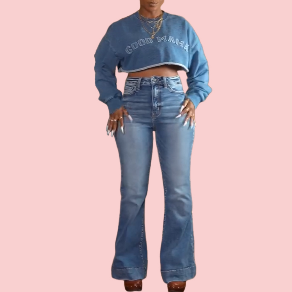 Blue Letter Print Crop Top & Jeans Set