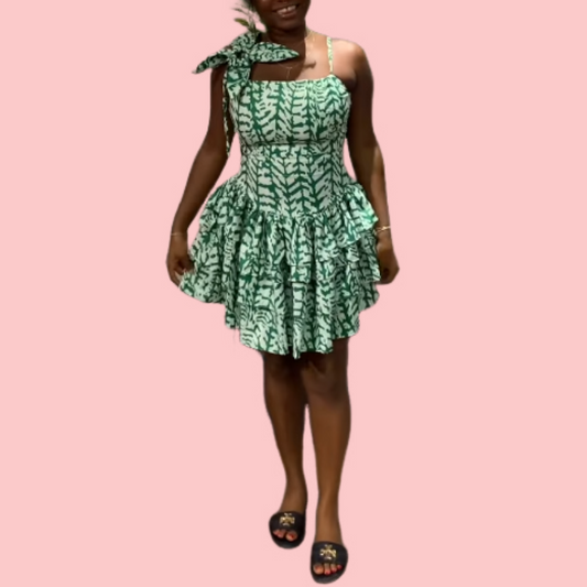 Green Floral Printed Halter Mini Dress