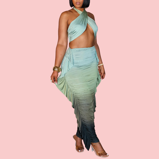 Gradient Hanging Neck Top & Ruffle Skirt Set