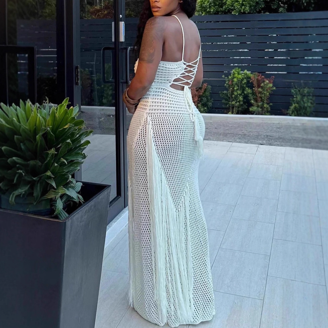 Solid-Color Cutout Fringe Halter-Neck Maxi Dress