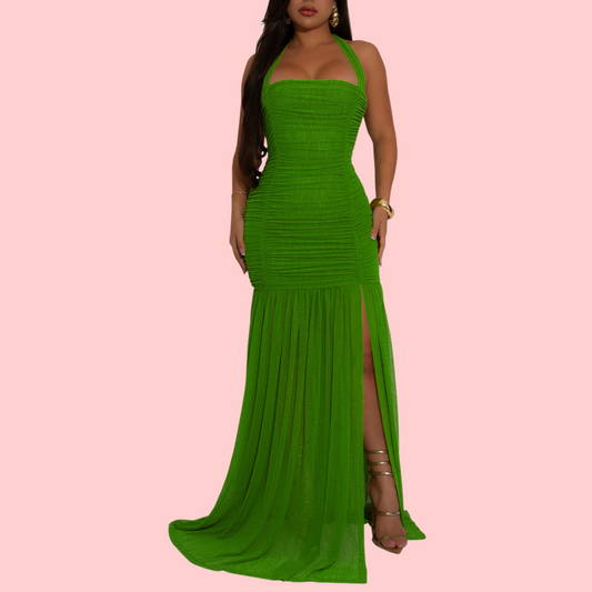 Solid Color Mesh Sling Split Maxi Dress