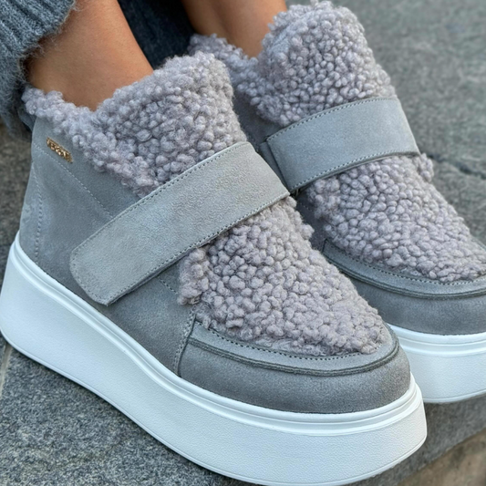 Gray Shearling Fleece Velcro Thick-Sole Shoes