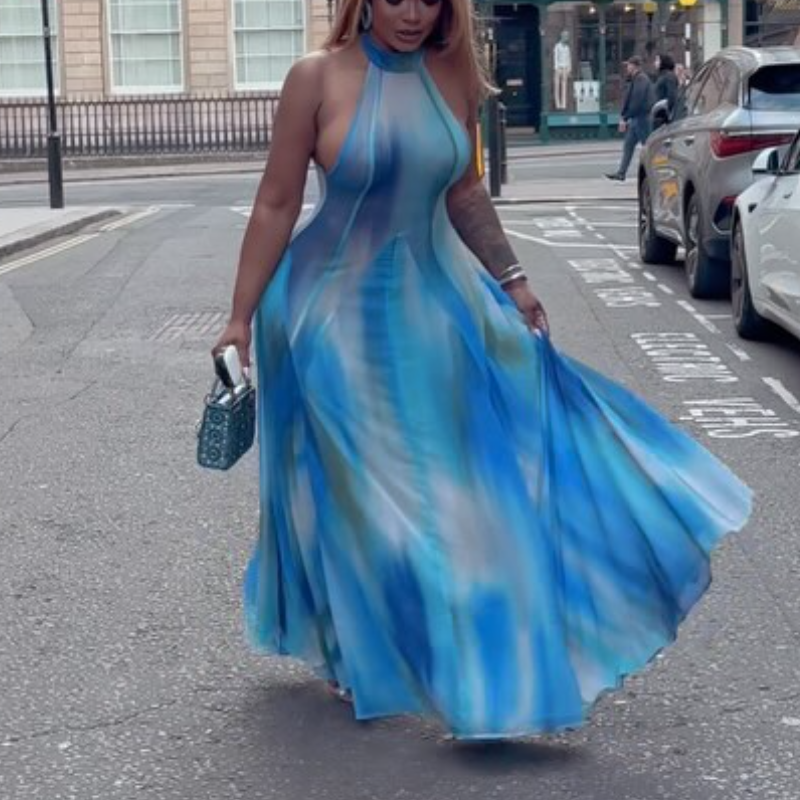Blue Sleeveless Tie-Dye Maxi Dress