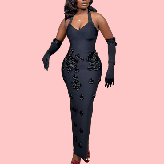 Black Floral Neckline Maxi Dress