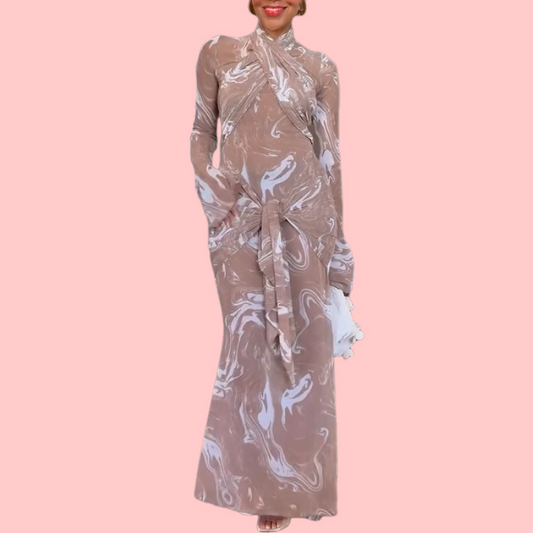 Mesh Tie-Dye Long-Sleeve Maxi Dress