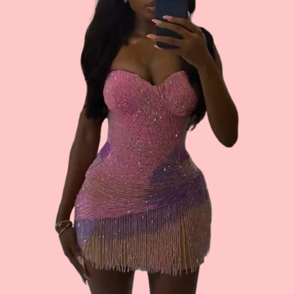 Pink Knitted Sequin Fringe Mini Dress