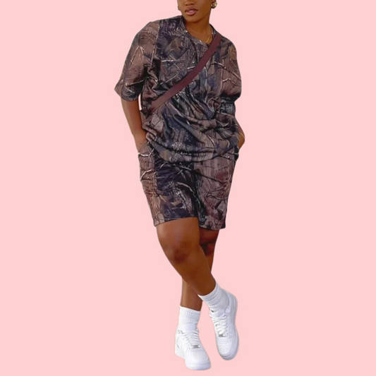 Dead Leaf Print Short Sleeve Top & Shorts Set