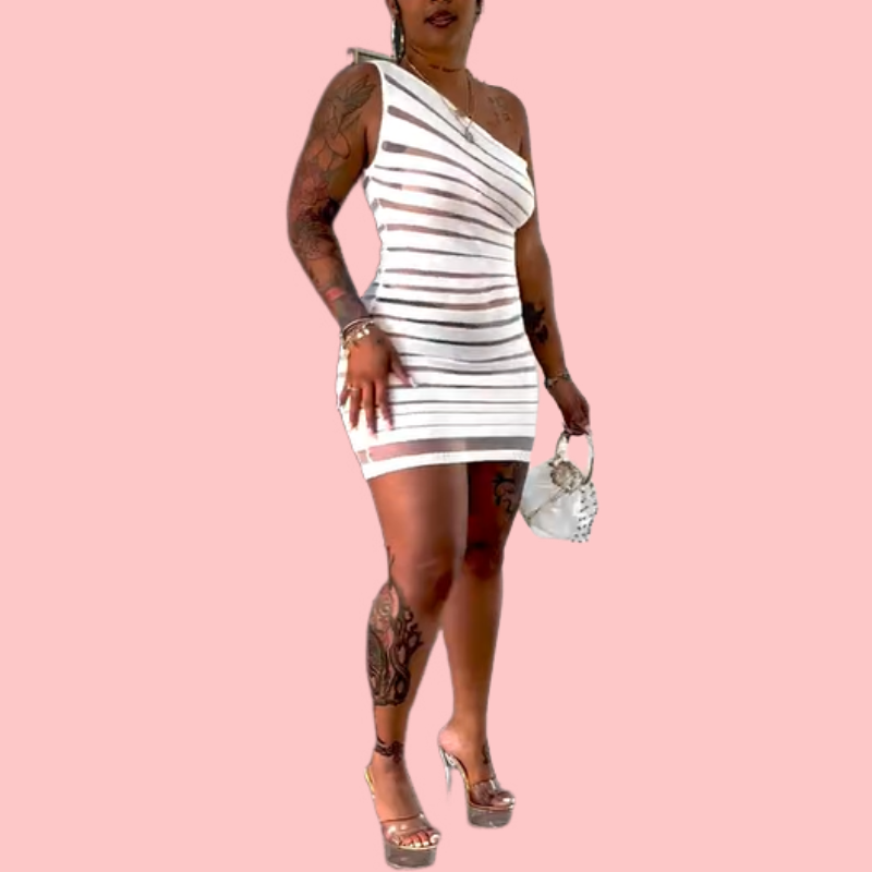 White Striped Sheer Off-the-Shoulder Mini Dress