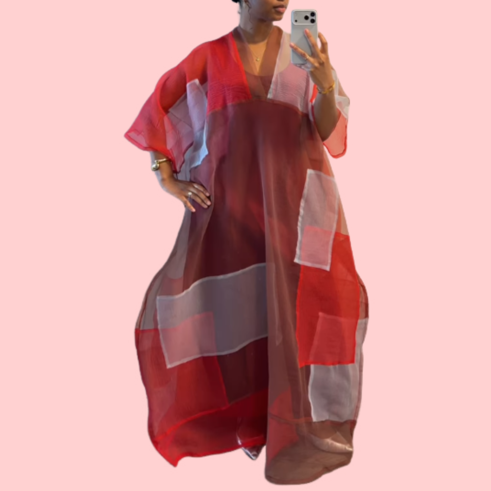 V-Neck Mesh Color-Blocked Maxi Dress