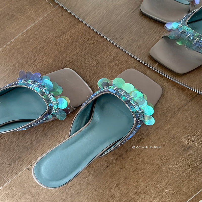 Sequined High Heeled Flip Flops