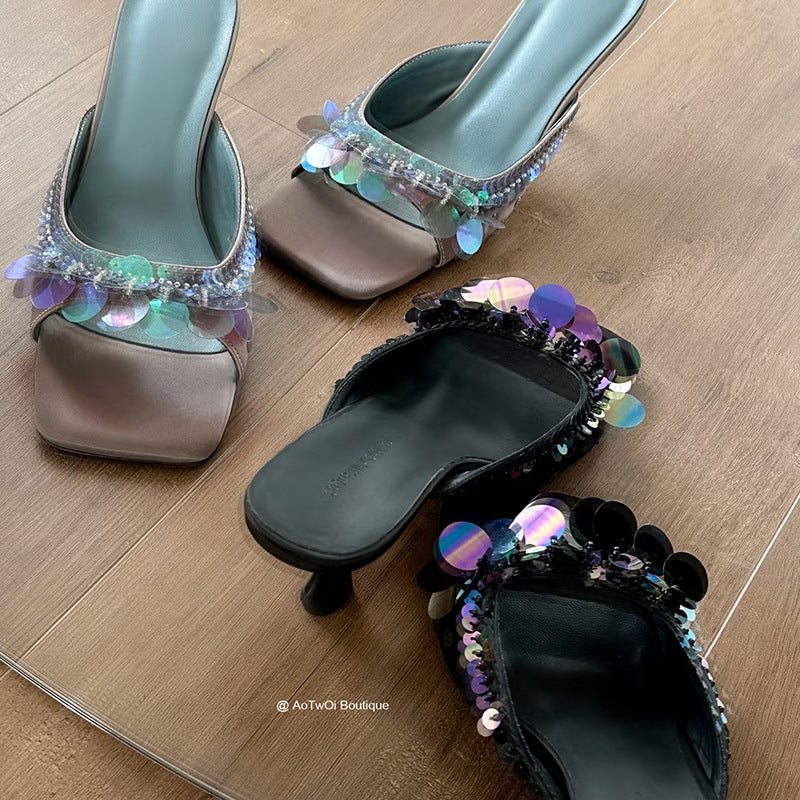 Sequined High Heeled Flip Flops