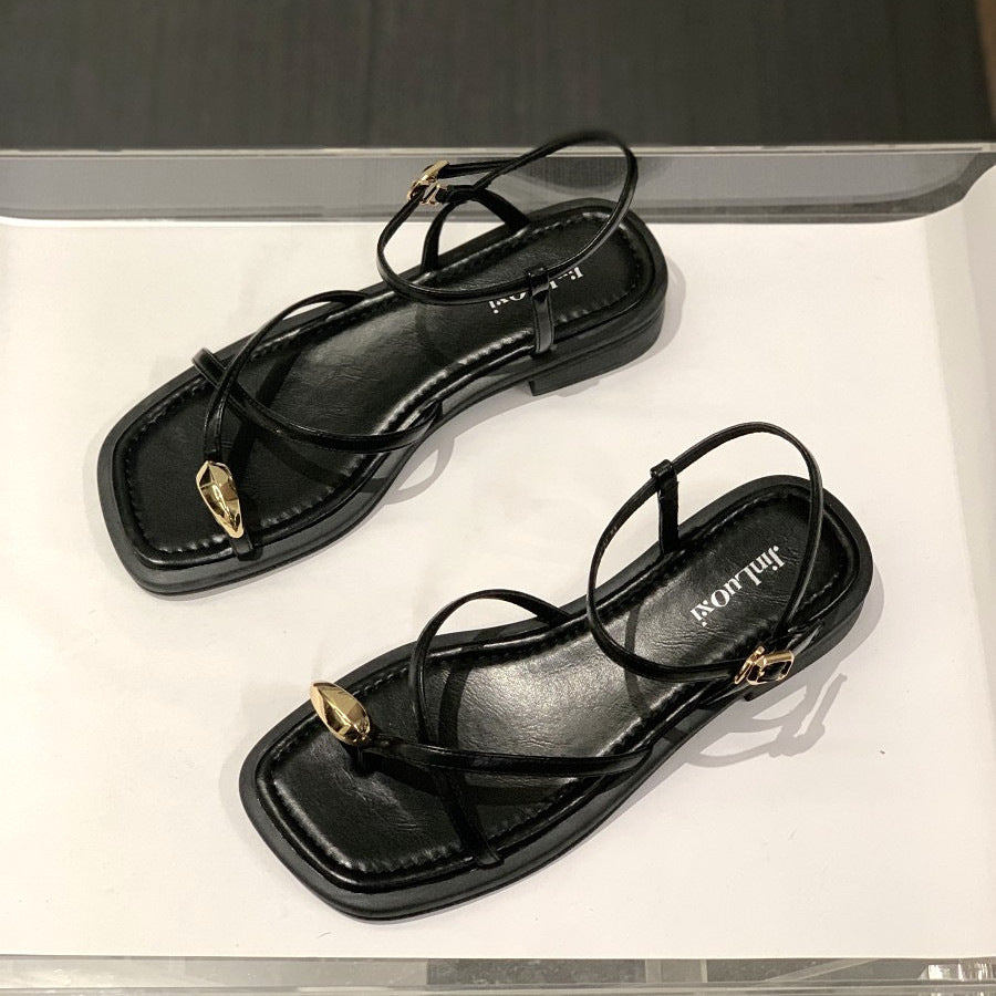 Flat Strappy Metal Buckle Sandals