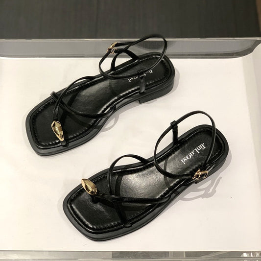 Flat Strappy Metal Buckle Sandals