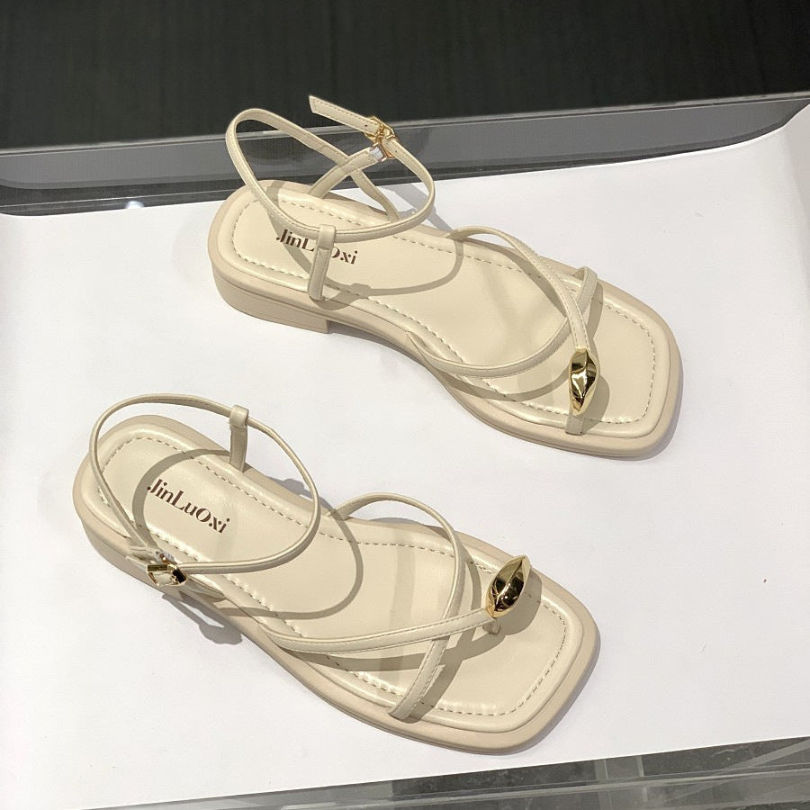 Flat Strappy Metal Buckle Sandals
