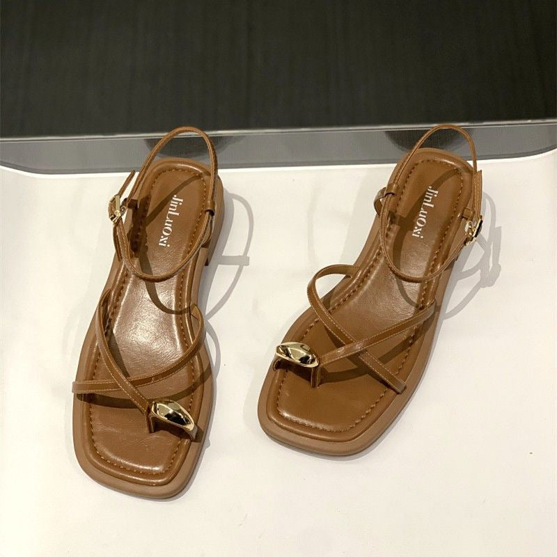 Flat Strappy Metal Buckle Sandals