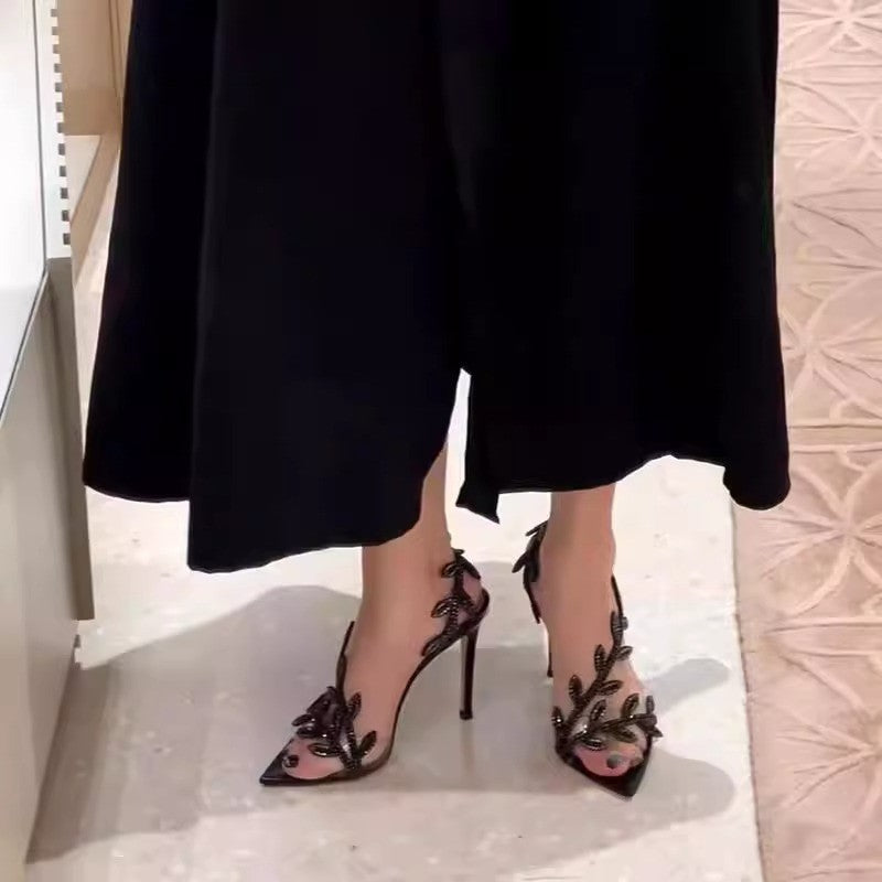 Black Rhinestone Leaf Heeled Sandals
