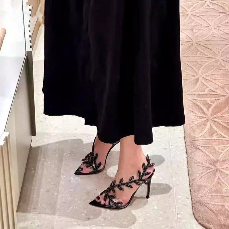 Black Rhinestone Leaf Heeled Sandals