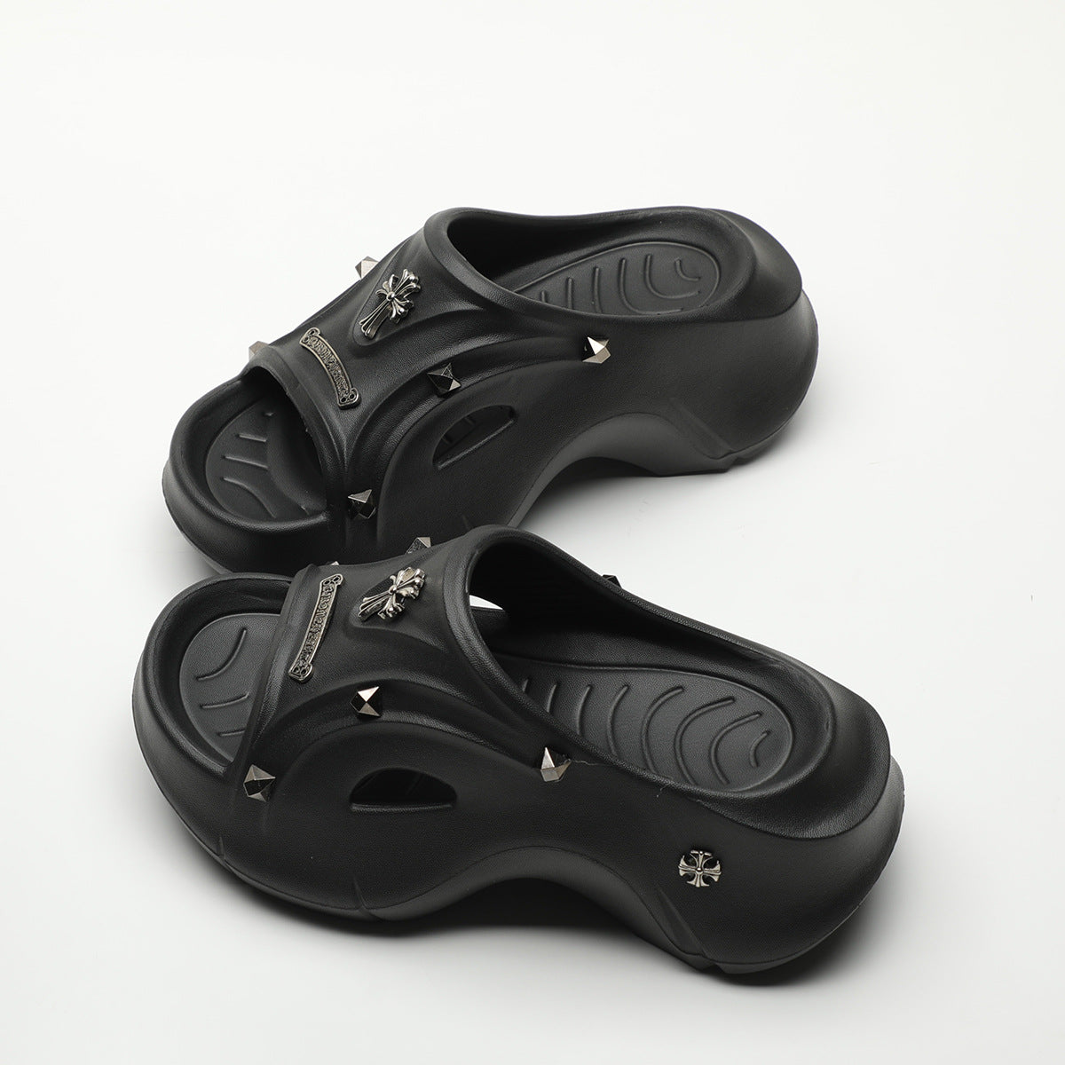 Black Cross Embellished Slippers
