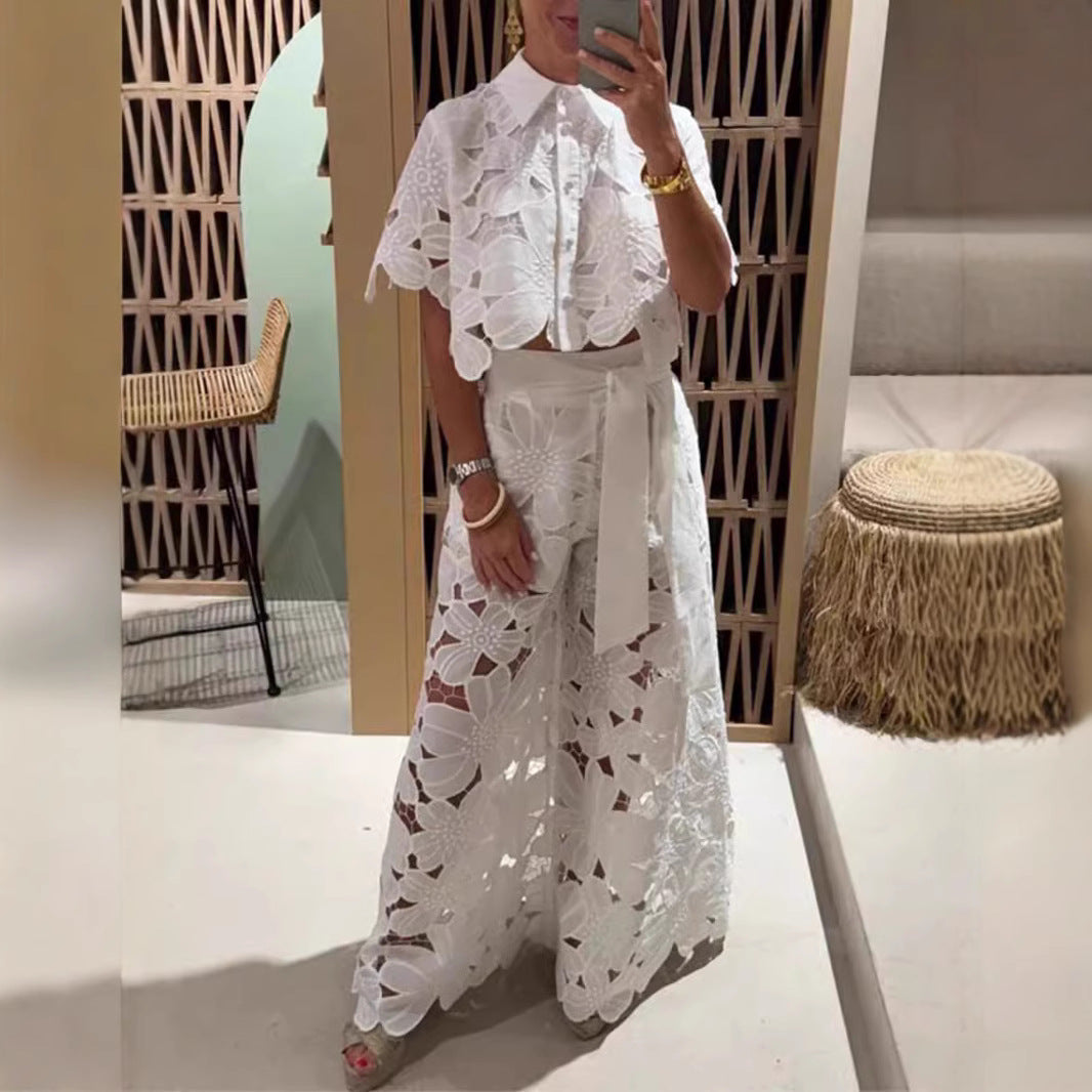 Floral Cutout Short Sleeve Shirt & Pants Set